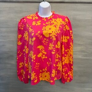 Shein Hot Pink Orange‎ Floral Print High Ruffle Collar Blouse Size Medium GC